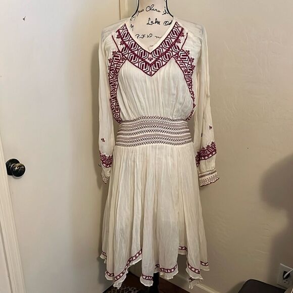 Free People Off White Embroidered Design Boho Feminine Dress Cottagecore - Picture 1 of 12